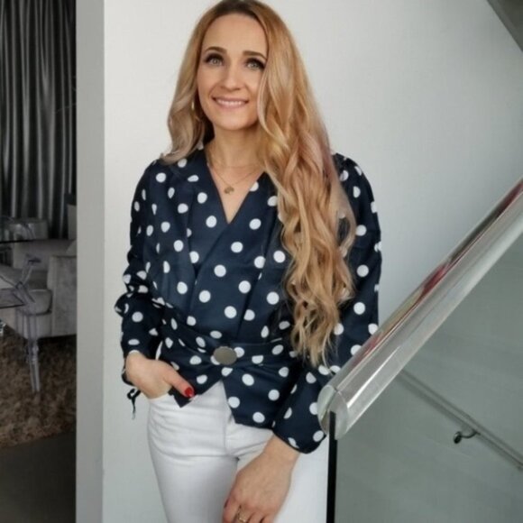 CLARE Polka Dot Top Puffed long sleeve Navy Blue - Picture 2 of 4